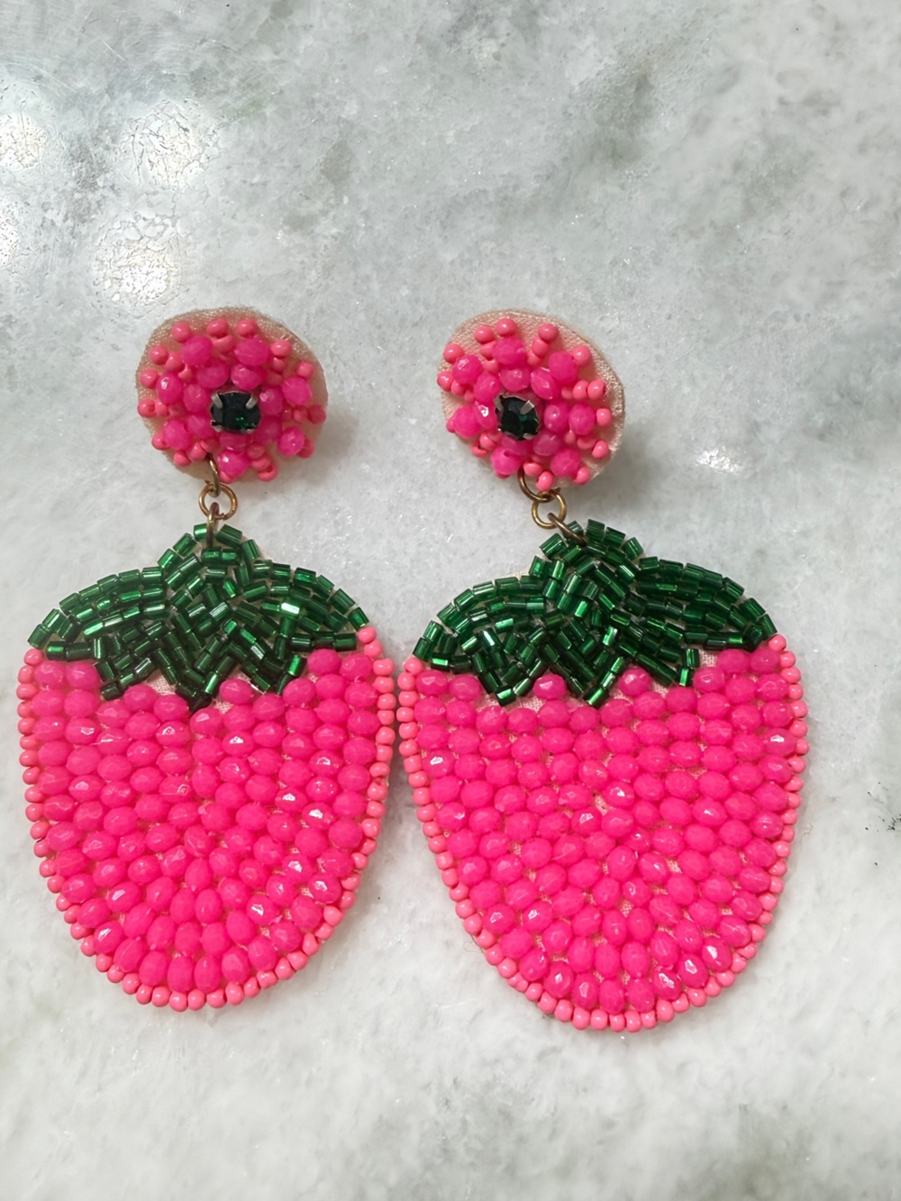 Beaded Pink & Green strawberry Earrings -
